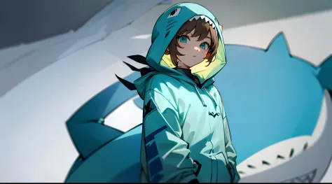 Light blue shark costume　Light blue shark hoodie　brown haired　green colored eyes