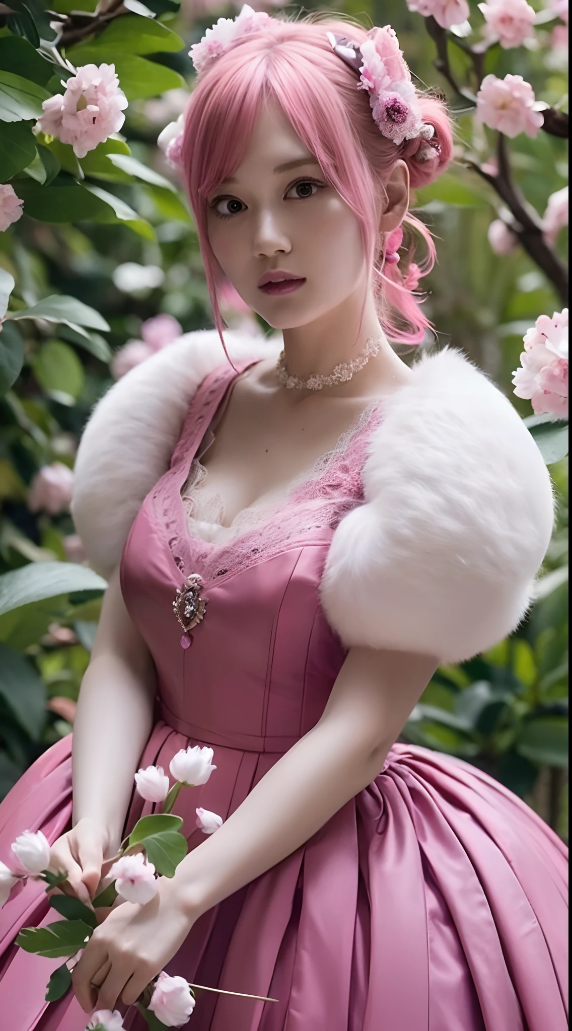 a pregirl，A pink-haired，Puffy skirt，puff sleeves，dual horsetail，Playful，Candy Elements，Hyper-Resolution，accuracy，detail render，（delicate facial portrayal）（Depiction of fine hair）（top-quality）（Master masterpieces）（High degree of perfection）（Sense of atmosphere）tmasterpiece，ultra - detailed，closeup cleavage，（half-body portrait）