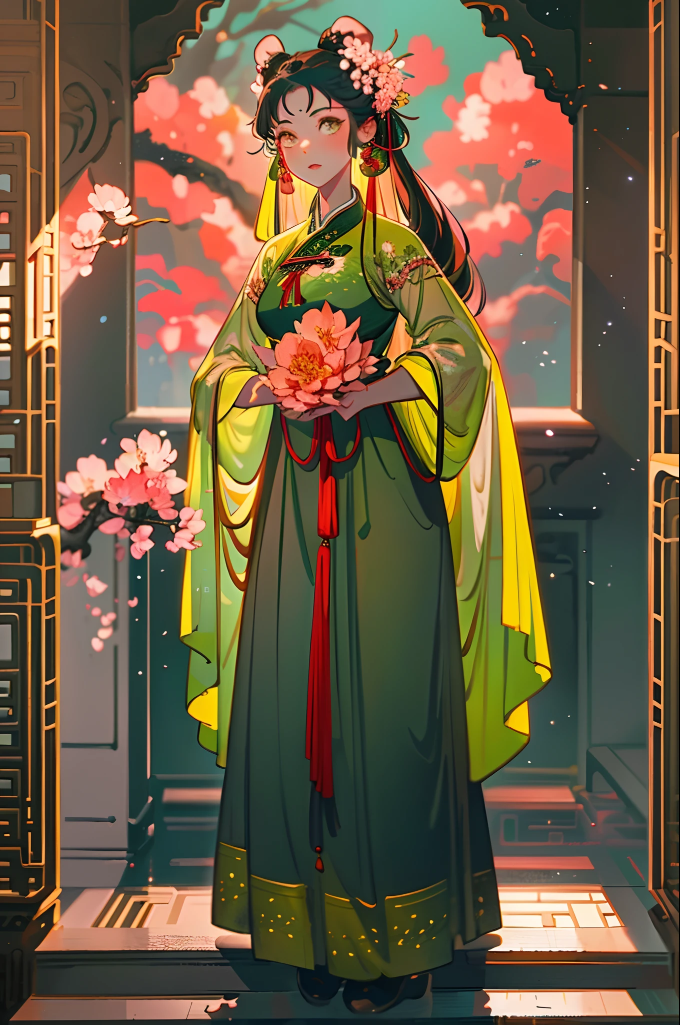 A beautiful girl in ancient China，standing on your feet，Lovely temperament，Long dark green dress，In the background is a large tree，Huge peach blossoms，rays of sunshine，Clear face，tmasterpiece，ultra - detailed，Epic composition，high qulity，HighestQuali，4K