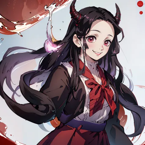 (masterpiece, best quality:1.2), kimetsu no yaiba style, kamado nezuko, (1girl, solo), 18years old, upper body,  (sailor suit, school uniform), (black long hair, wave hair), forehead, (red demon horns, red eyes), (evil smile:1.2), long fangs, victory sign,...