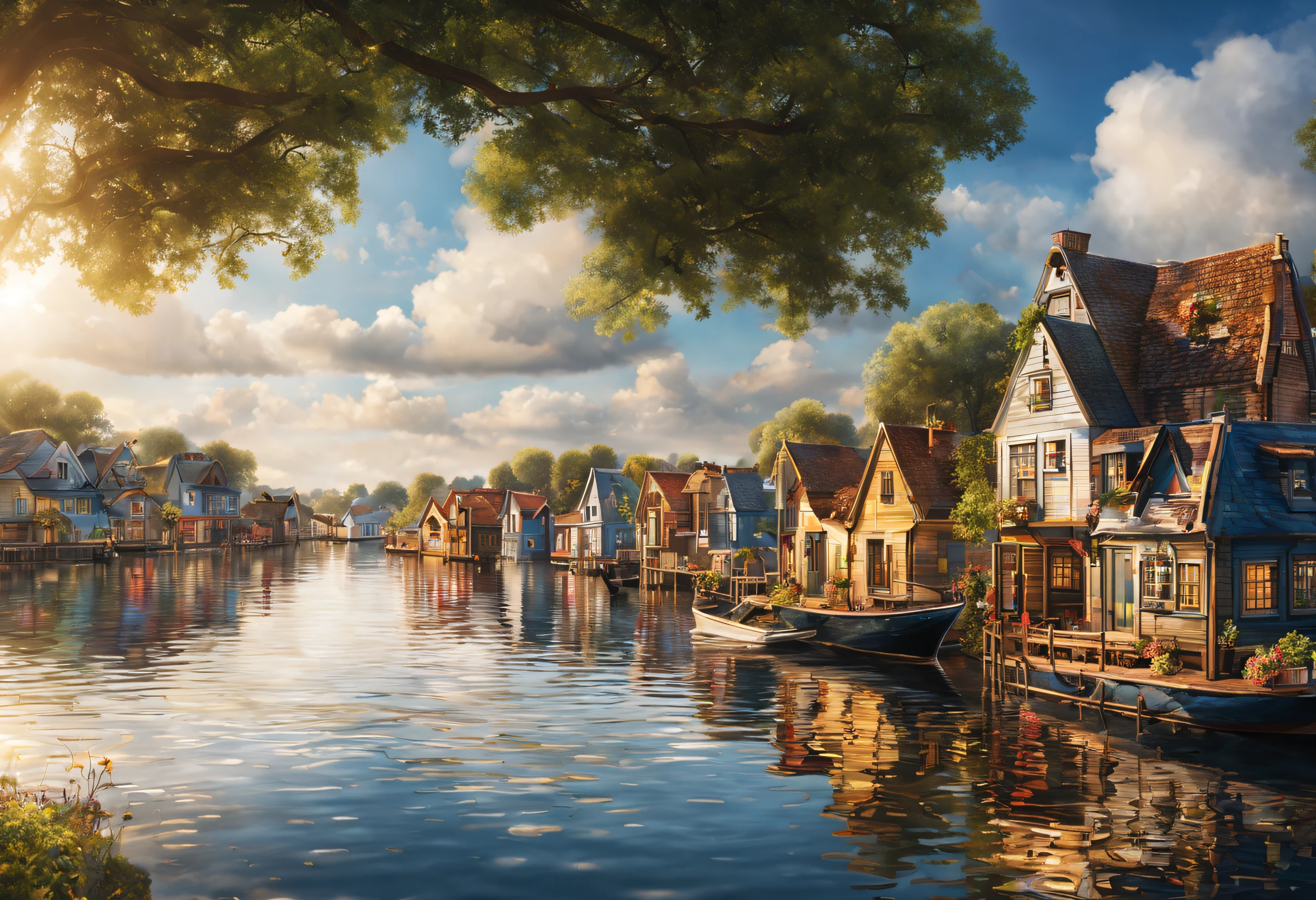 (mejor calidad, 4k, 8K, Alta resolución, obra maestra: 1.2), ultra detallado, (Realista, photoRealista, photoRealista: 1.37), una ciudad de casas flotantes sobre el agua, Un ambiente tranquilo, extraordinaria belleza, Foto de portada de la revista National Geographic.