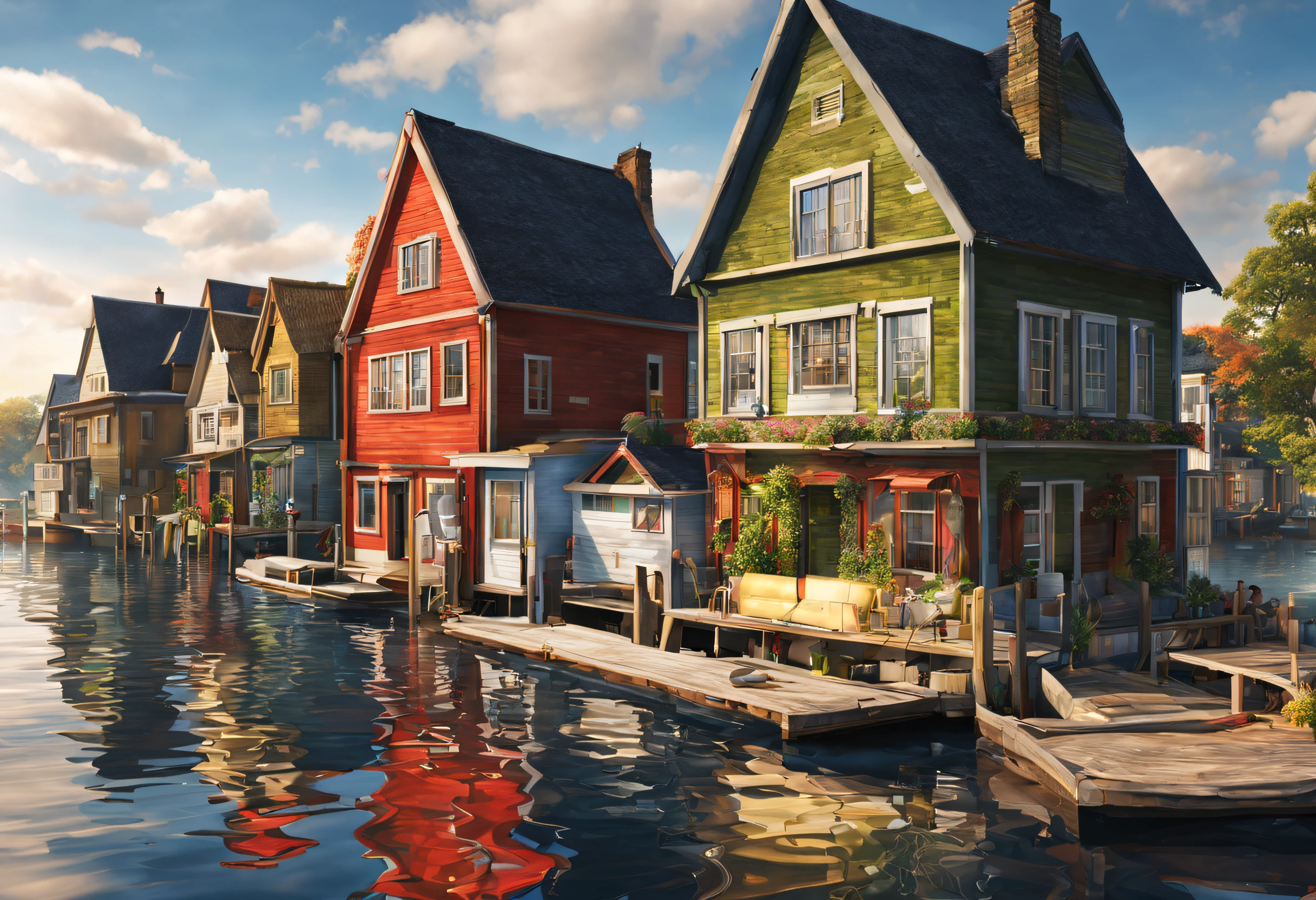 (best quality, 4k, 8k, high resolution, masterpiece: 1.2), ultra detailed, (realistic, photorealistic, photorealistic: 1.37), a city of floating houses on the water, a calm atmosphere, extraordinary beauty, cover photo from the national geographical magazine
