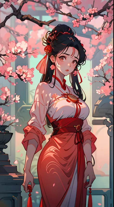 A beautiful girl in ancient China，Bust，Lovely temperament，Light red long dress，In the background is a large tree，Huge peach blos...