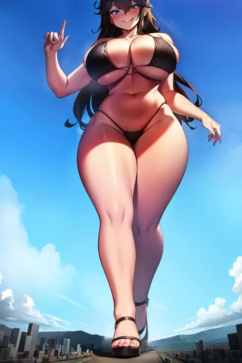 Giantess in a bikini, curvy, busty, grin, evil, thick thighs, stepping, walking, full body shot