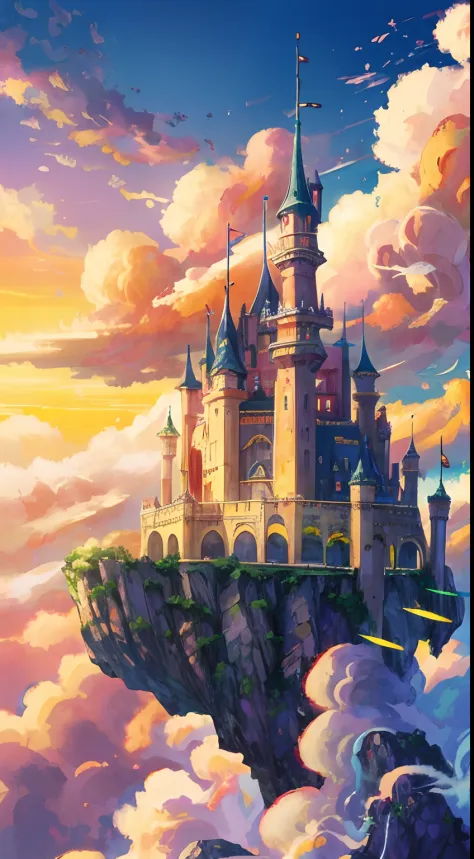 Anime castle floating in the sky，The background is sunset, flying cloud castle, palace floating in the sky, an immense floating castle, Castle in the sky, castle in the sky style, flying castle, palace floating in heaven, Cloud Palace, abandoned castle in ...
