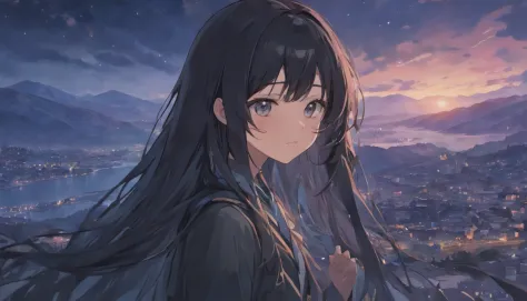 girl，Long black hair，facing at camera，Touch your ear with your right hand，mountain ranges，lake water，Winters，starrysky，sad