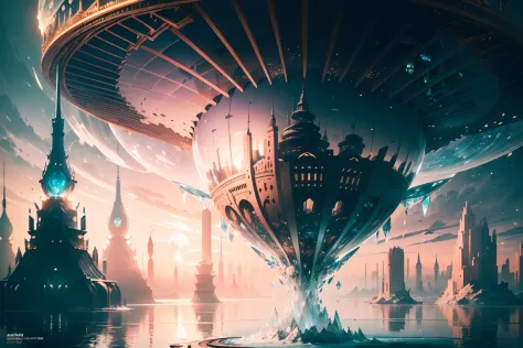 (((stunning illustration of a wind cityscape built on water, Immerse yourself in the breathtaking world:1.2))), creating a sense of wonder and awe. where a single giant fish breaks the surface, surrounded by the miraculous and bountiful waters. (((The city...