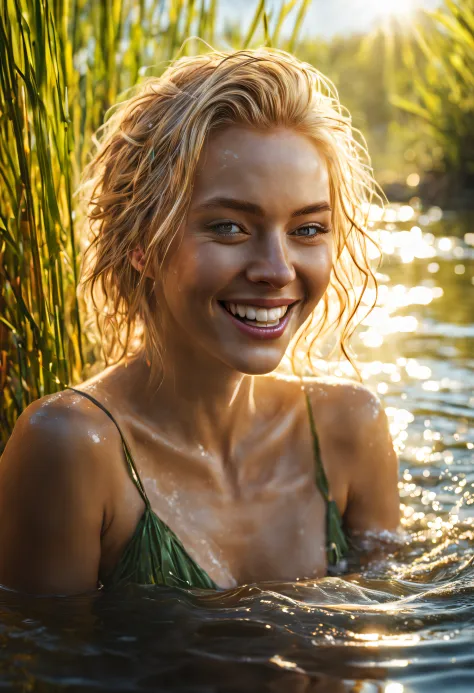 Lose portrait of a pretty woman bathing in a river, reeds, (backlit), realistic, masterpiece, highest quality, lens flare, shado...