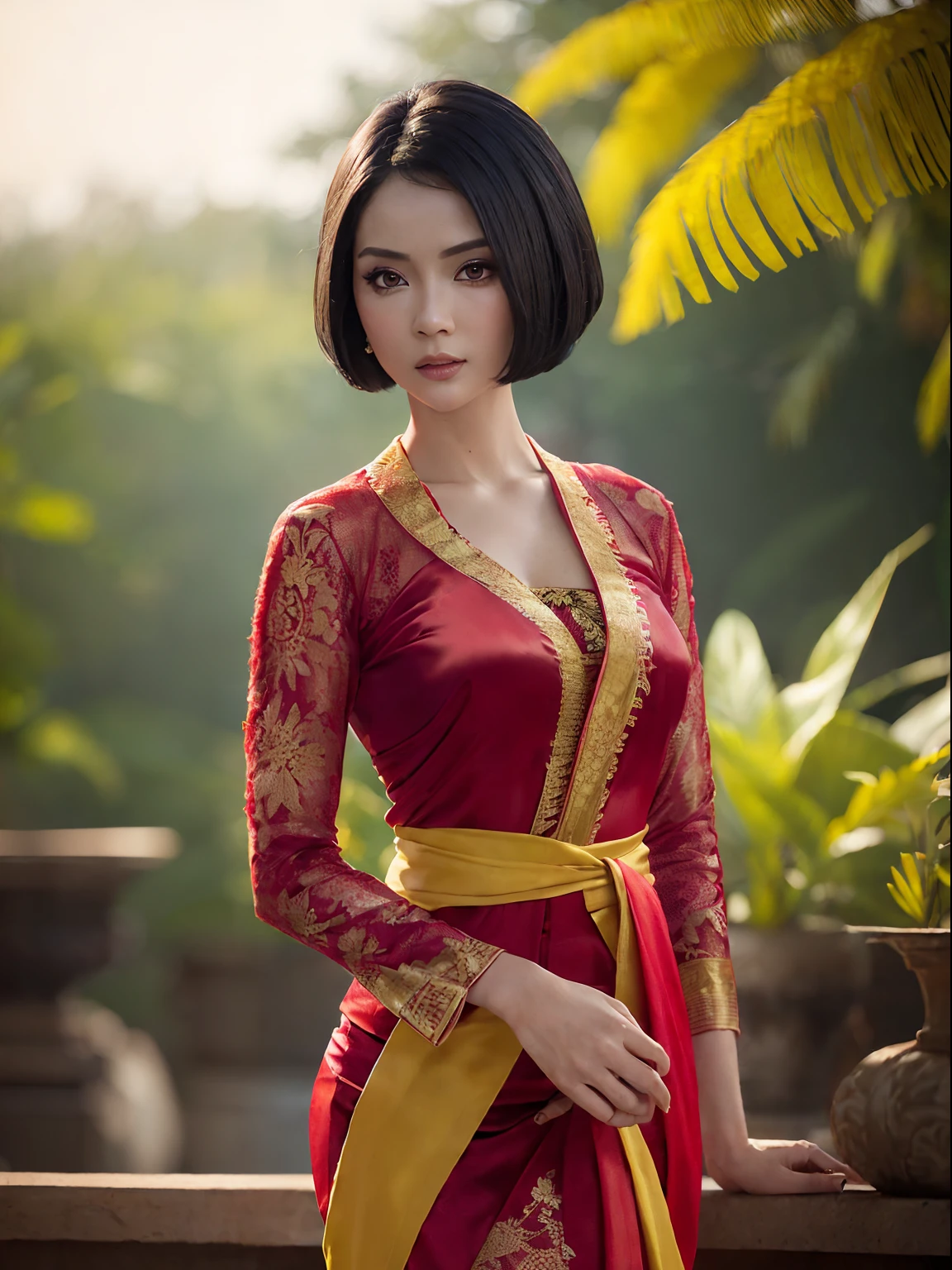 Photorealistic Production, (One Person), (Realistic Image of a 25 Years Old Female Model), (Short Bob Black Hair:1.6), (Pale Skin:1.4), (Wearing a Red Ornated Kebaya Dress with Silk Cloth:1.6), (Serious Face), (Deep Cleavage), (Elegant Pose:1.4), Centered, (Waist-up Shot:1.4), From Front Shot, Insane Details, Intricate Face Detail, Intricate Hand Details, Cinematic Shot and Lighting, Realistic Colors, Masterpiece, Sharp Focus, Ultra Detailed, Taken with DSLR camera, Realistic Photography, Depth of Field, Incredibly Realistic Environment and Scene, Master Composition and Cinematography