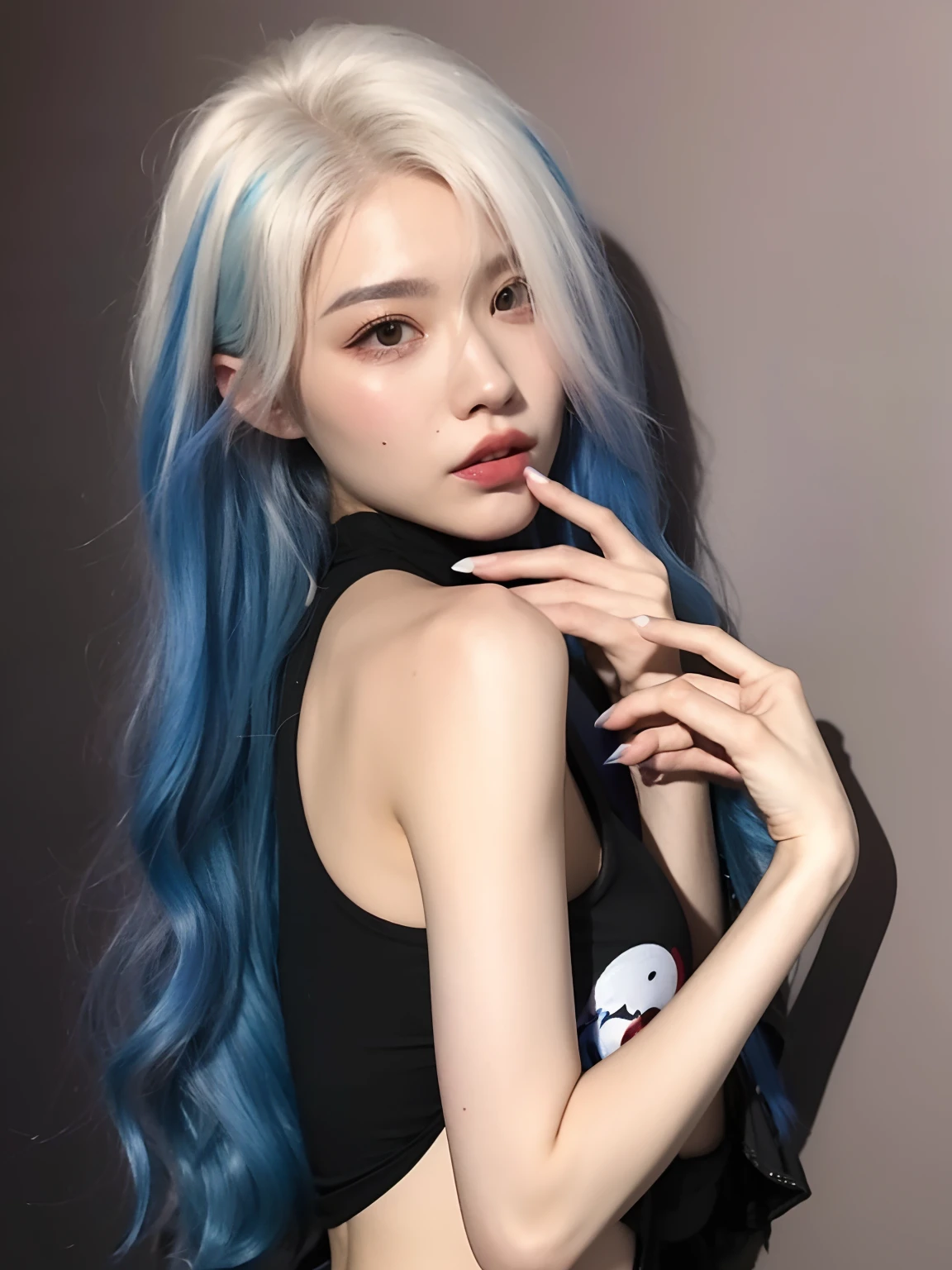 A close up of a woman with blue hair and a black top - SeaArt AI