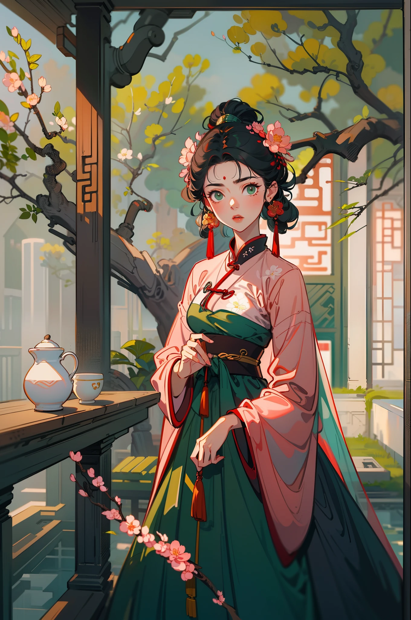 고대 중국의 아름다운 소녀，네 발로 서서，사랑스러운 기질，긴 짙은 녹색 드레스，배경에는 거대한 복숭아 꽃나무가 있습니다.，햇빛의 광선，맑은 얼굴，걸작，울트라-디테일，서사적 구성，고품질，최고Quali，4K