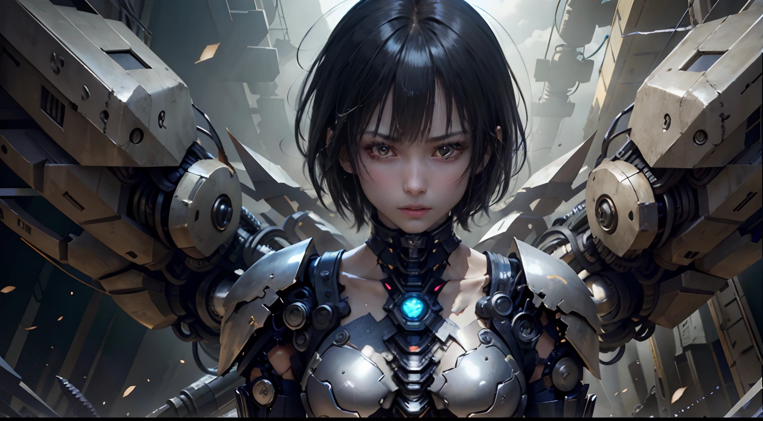 Fantasy、full-body view、Black hair color、Super short hairstyles、cyberpunked、(Double Sword、Scorpion Cyborg Woman、Das Veilchen:1.1)、1 woman、Mechanical technology、Robot Presence、Ninja-like fighting stance、Cybernetic Guardian、