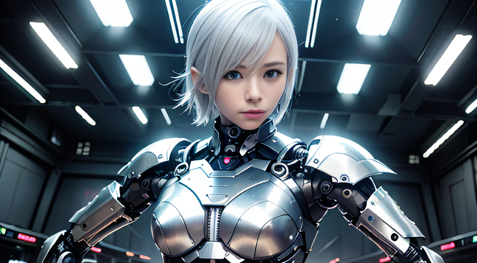 Fantasy、Silver hair color、Super short hairstyles、cyberpunked、(Double Sword、Scorpion Cyborg Woman、Das Veilchen:1.1)、1 woman、Mechanical technology、Robot Presence、Ninja-like fighting stance、Cybernetic Guardian、