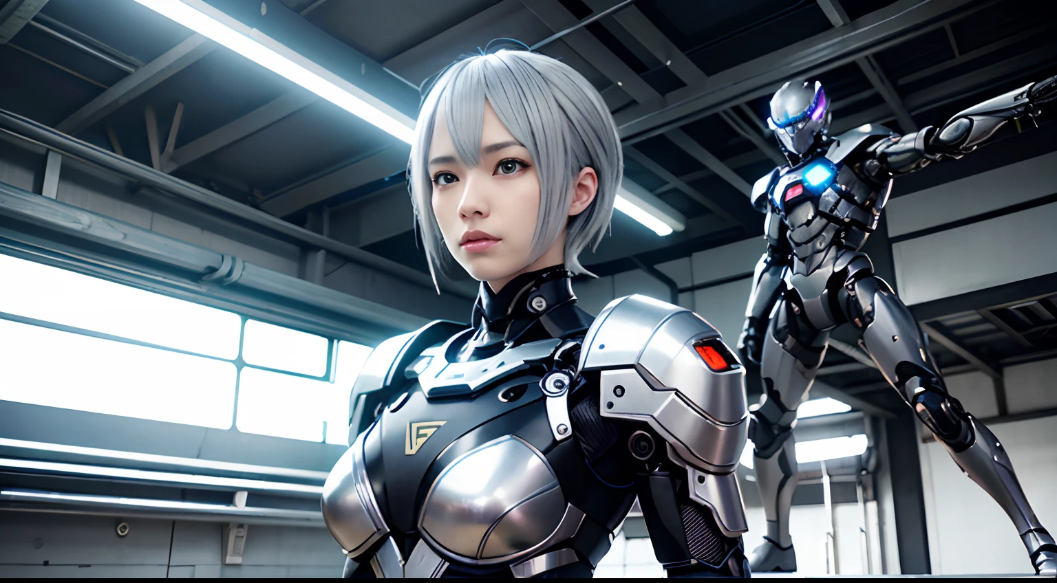 Fantasy、Silver hair color、Super short hairstyles、cyberpunked、(Double Sword、Scorpion Cyborg Woman、Das Veilchen:1.1)、1 woman、Mechanical technology、Robot Presence、Ninja-like fighting stance、Cybernetic Guardian、