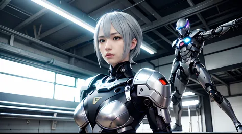 Fantasy、Silver hair color、Super short hairstyles、cyberpunked、(Double Sword、Scorpion Cyborg Woman、Das Veilchen:1.1)、1 woman、Mecha...