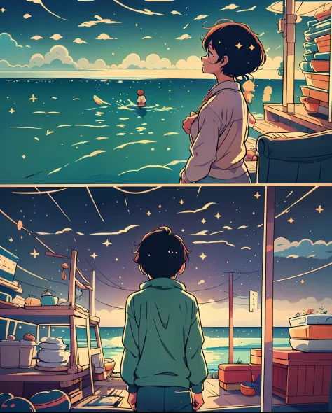 A captivating comic strip showcasing the life of an anime college student standing by the sea, each panel split in a cartoon-style format. The exceptional storyboard unfolds a masterpiece of a romantic couple under a bright starry sky. The scene is reminiscent of Makoto Shinkai's iconic style, with a touch of Pisif's concept-art. The entire composition is presented in a lofi art style, emphasizing reflection. Width 672 pixels, capturing the detailed scenery in the style of Makoto Shinkai, with enhanced detail