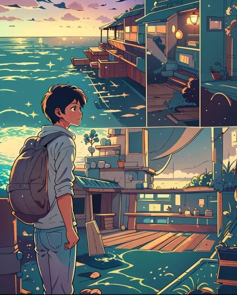 A captivating comic strip showcasing the life of an anime college student standing by the sea, each panel split in a cartoon-sty...