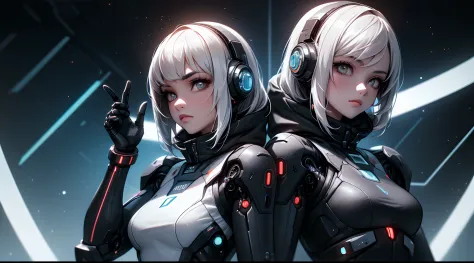 1 girl, upper body, single focus, cybernetic enhancements, sleek cyberpunk attire with a space theme, (cosmic backdrop: 1.4), (i...