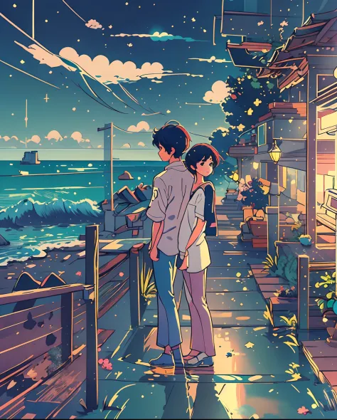 Craft an outstanding comic strip storyboard that unfolds the story of an anime college student standing by the sea against a bac...