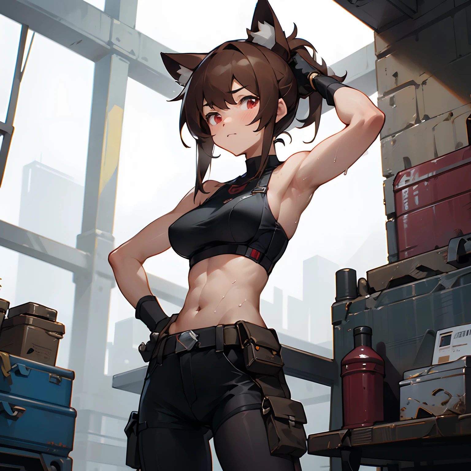 1 girl, masterpiece, 8k, artstation, ultra high quality, ultra high detail, ultra high resolution, glowing red eyes, brown hair, (mechanic), mechanic's clothing, tool belt, engineer, cyberpunk, cat ears, cargo pants, sweaty, muscular, abs, white crop top, white sports bra, white bralette, machines, machinery, warehouse, warehouse ceiling, iron truss, steel beams, building materials in the background, ponytail, bare arms, (pouches), gloves, hands on waist, hands on hips