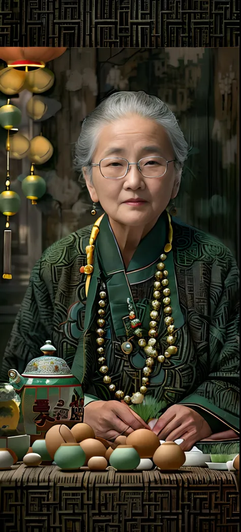 an old woman sat at a table，holding eggs and teapot, inspired by liu jue, taoist, lei min, inspired by yao tingmei, grandma, son...