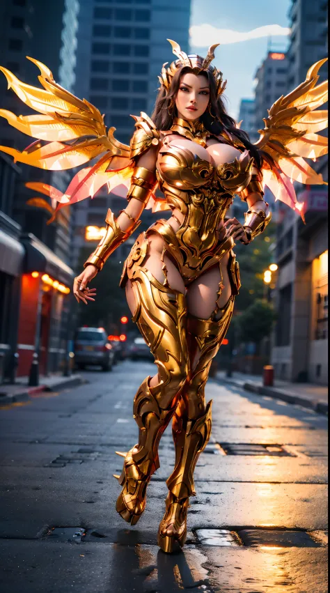 (DRAGON QUEEN), HUGE FAKE BOOBS, (BEAUTIFUL FACE), (GOLD, RED), (STREET CITY BACKGROUND), (((A PAIR OF HUGE MECHANICAL WINGS SPREAD OUT))), FUTURISTIC PHOENIX MECHA BODYSUIT, (CLEAVAGE), (SKINTIGHT YOGA PANTS), (HIGH HEELS), (PERFECT BODY:1.2), (FULL BODY ...