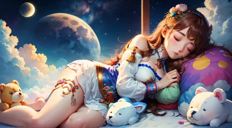 colorful、on clouds、kosmos、Big Moon、realistic、The girl is sleeping、Only one stuffed animal、超A high resolution