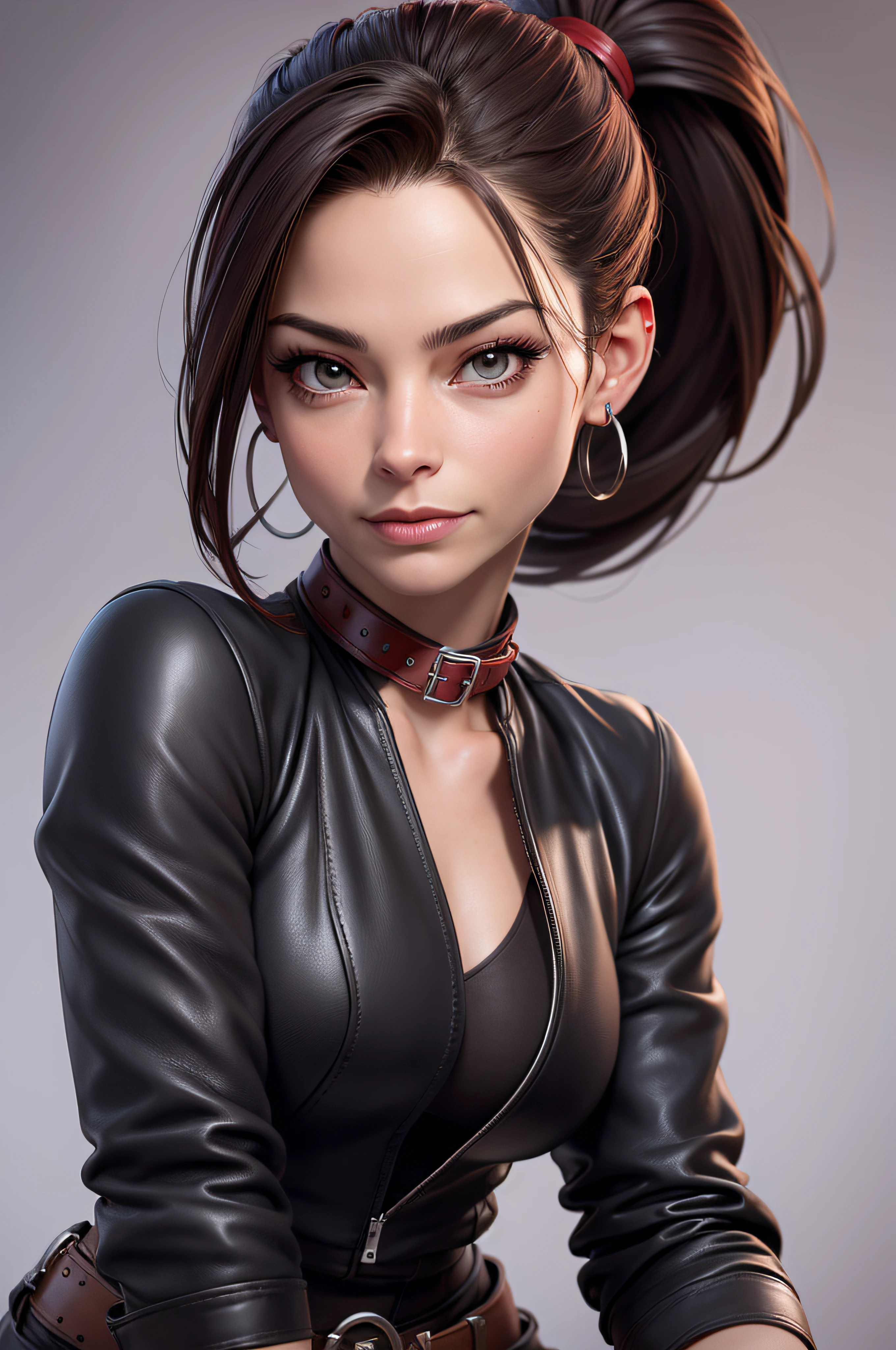 A woman in a leather jacket and bow tie posing for a picture - SeaArt AI