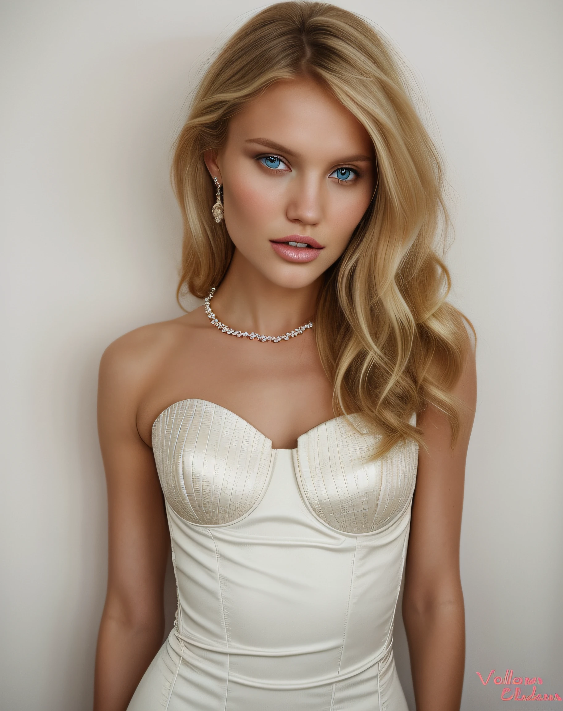 a woman in a white dress posing for a picture, style of julia razumova, jaw dropping beauty, olga buzova, yelena belova, strapless dress, shoulder - length blonde hair, abbey lee kershaw as emma frost, beautiful model, victoria's secret model, dasha taran, jaw-dropping beauty, blonde goddess