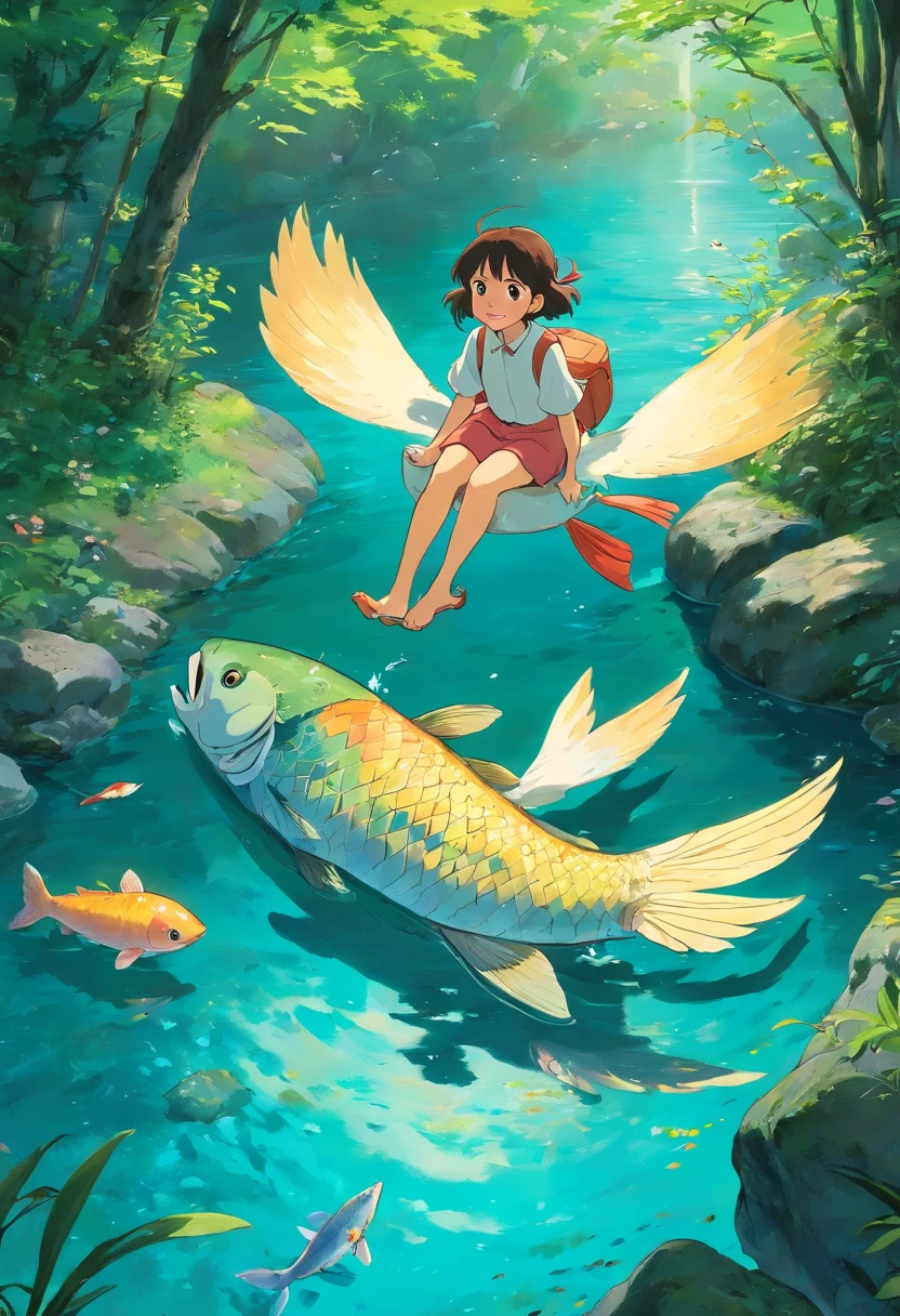 A garota com asas monta um peixe grande em um riacho