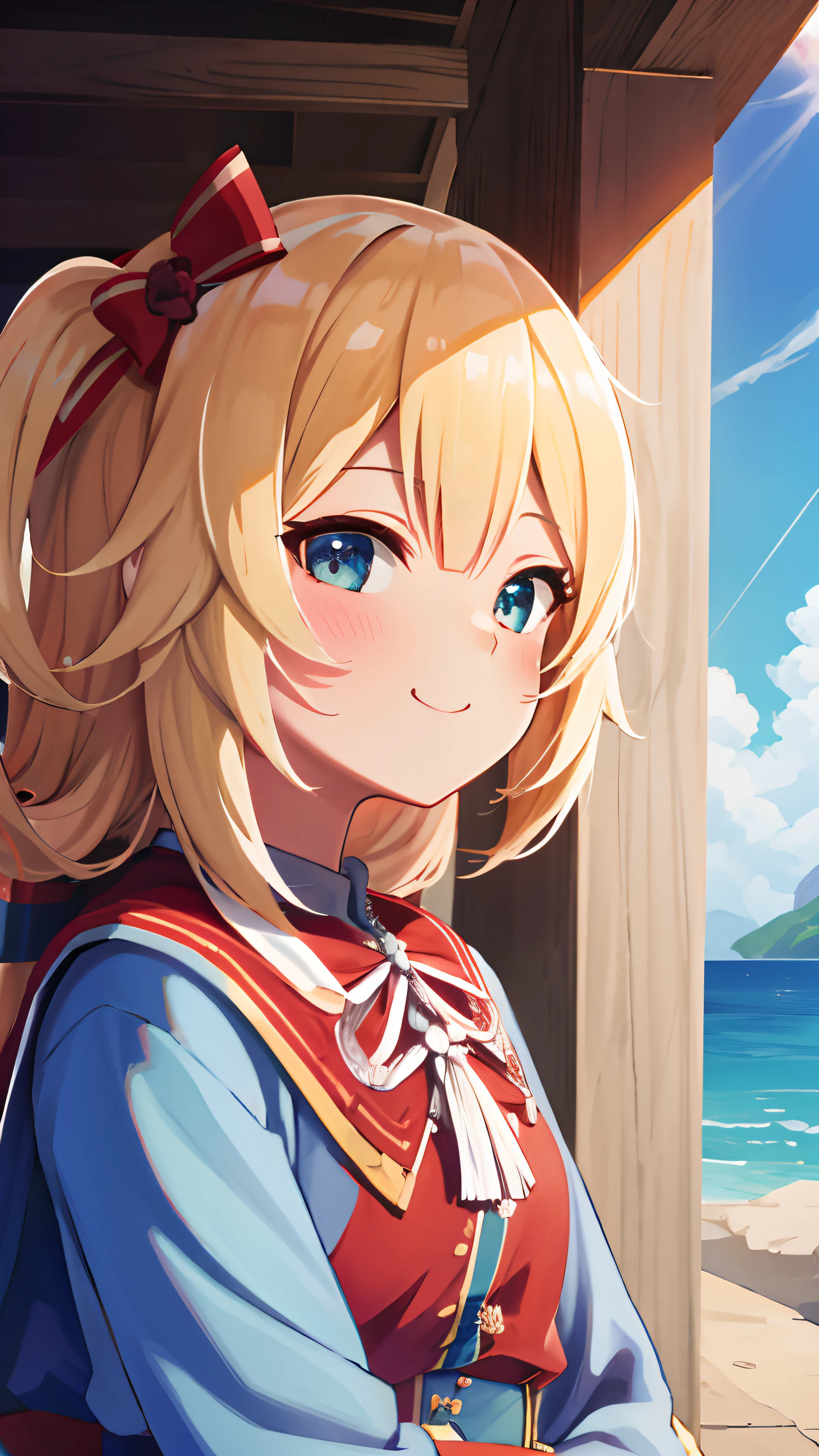 Anime girl with blonde hair and blue eyes standing on a beach - SeaArt AI