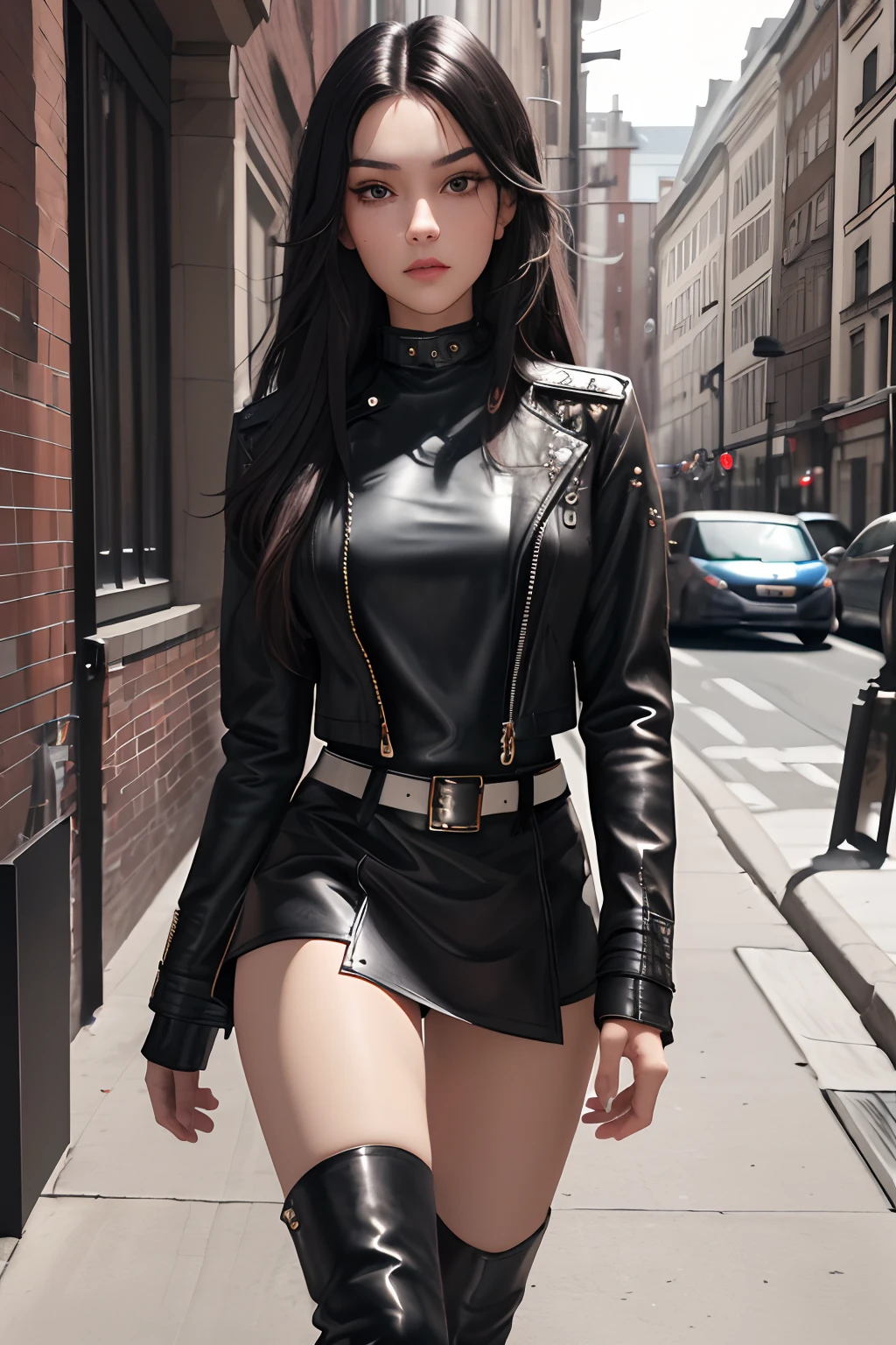 (best quality,highres,masterpiece:1.2),wonderful princess,beautiful detailed face,flowing long hair, stylish studdet belts,edgy leather jacket,sleek leather boots,chic leather skirt,determined gaze,