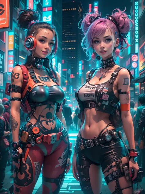masterpiece, best quality, 2 ((smiling)) cyberpunk girls standing together, Harajuku-inspired cyberpunk body harness, bold colors and patterns, eye-catching accessories, trendy and innovative hairstyle, dazzling Cyberpunk cityscape, skyscrapers, glowing neon signs, LED lights, anime illustration, detailed skin texture, detailed cloth texture, beautiful detailed face, intricate details, ultra detailed, cinematic lighting, strong contrast.