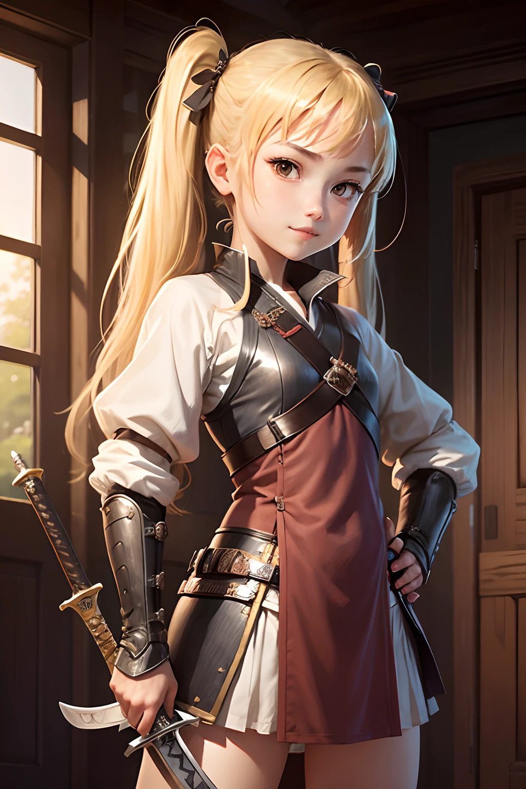 1girl in, Solo, arma, Sword, Brown eyes, Looking at Viewer, Lips, put hands on the hip, scabbard, Smile, katanas, Upper body, Closed mouth, sheathed,   with blonde twin tails with hands up