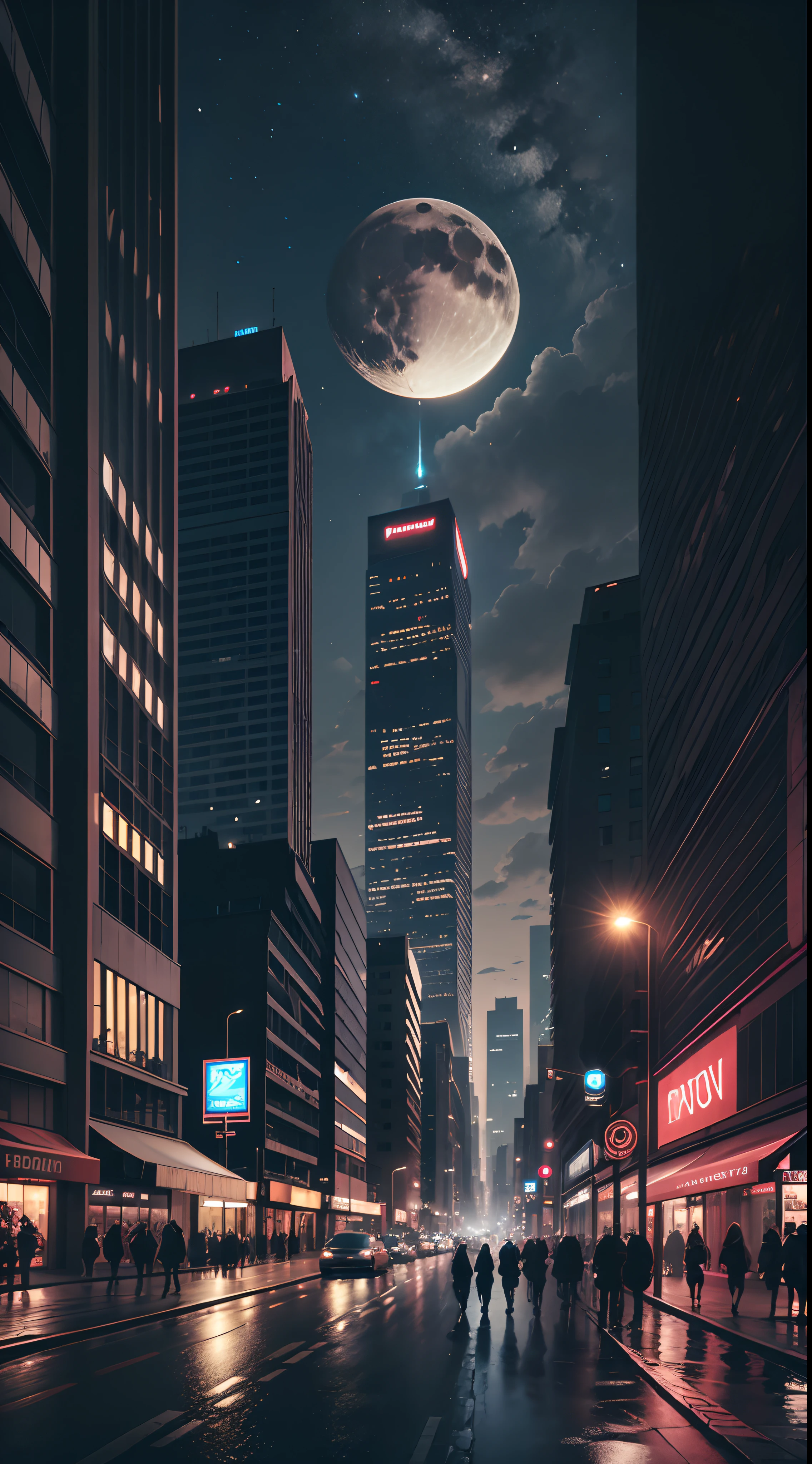 city night scene，Bustling，optic，shadowy，Award-Awarded，themoon，Ultimate beauty，8K，Wallpapers