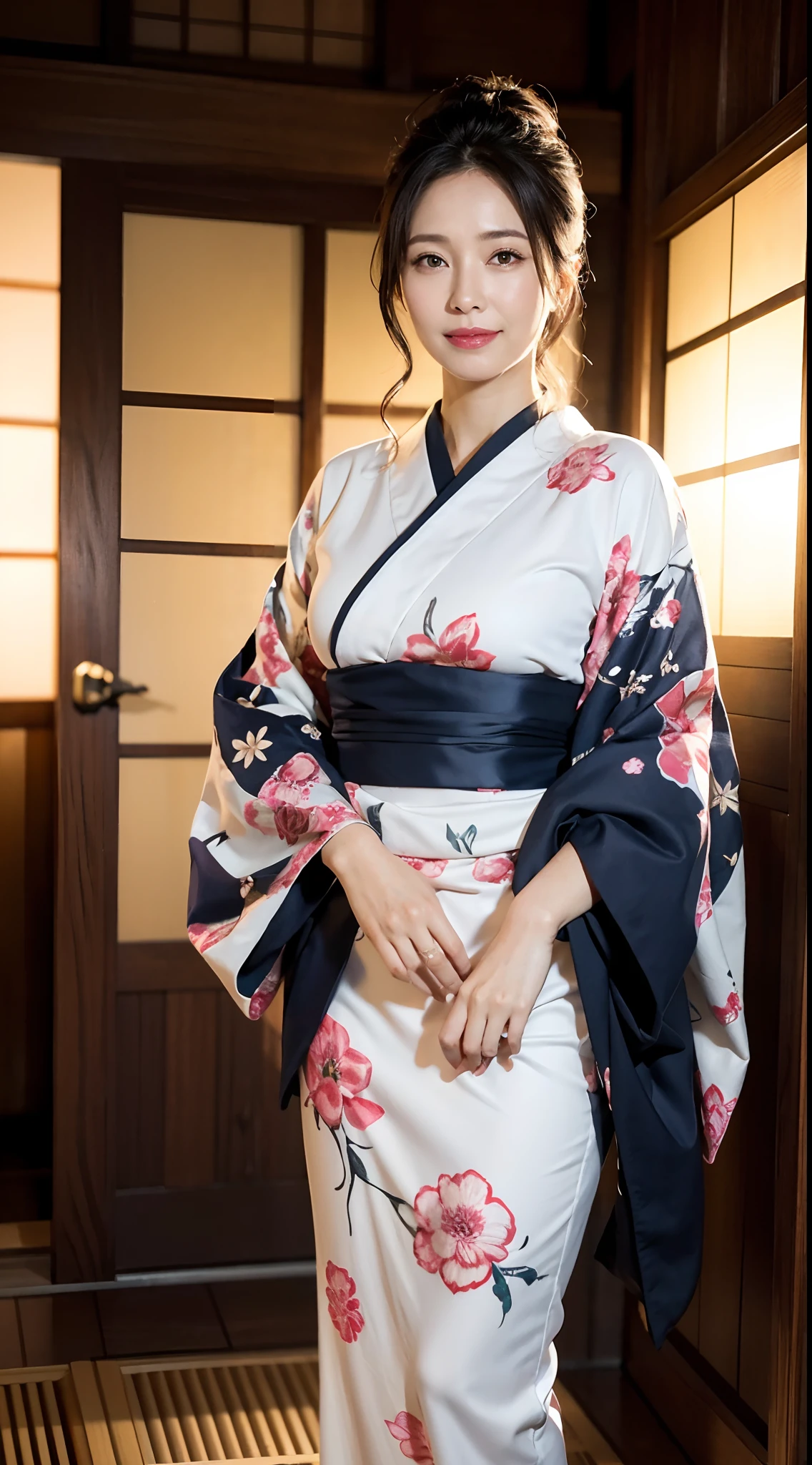 Красивая зрелая женщина VN03, Чарующая красивая зрелая женщина、40 лет、рост　154 см、стройная фигура、Фигура песочные часы、Япония в юкате、Юката в японском рёкане、Плечо наружу、ключица、модель в Японии、Япония чувственная женщина, Великолепная японка, богиня Японии, улыбка、Необработанное фото, (в 8К、высшее качество、шедевр:1.2)、(сложные детали:1.4)、(Фотореалистический:1.4)、октановое число、Сложный 3D-рендеринг с ультрадетализацией, студийное освещение, ободные фонари, яркая деталь, супер детализация, реалистичные текстуры кожи, деталь лица, Красивые детализированные глаза, Очень подробные обои CG Unity 16k, составить, (Подробный фон:1.2),　блестящая кожа、
