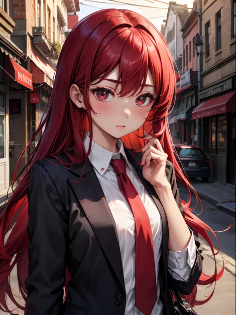 Woman in suit、red hairs、long hair、Black jacket、white  shirt、red necktie、early evening、the setting sun、red blush、Kamimei