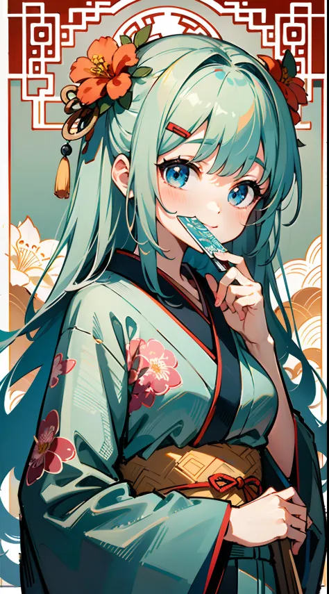 Masterpiece, super-high-resolution, cute girl, half-body, Chinese ancient style, gray long hair, green kimono, flower embellishment, blue eyes, hairpin, cute little loli, cute cute cute, thick paint, gentle smile, holding a fan