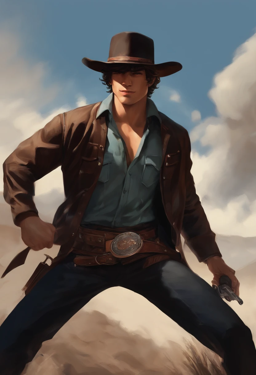 A close up of a man in a cowboy hat holding a gun - SeaArt AI