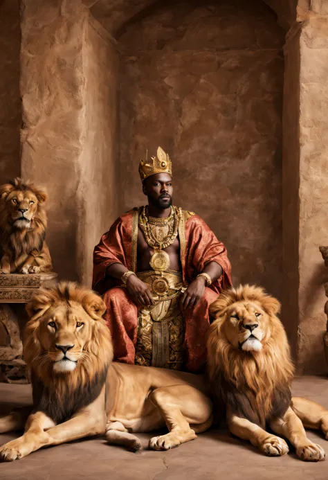 a hyper-realistic image depicting an ancient epic African King in his palace with "one" lion laying by his side. Wearing royal a...