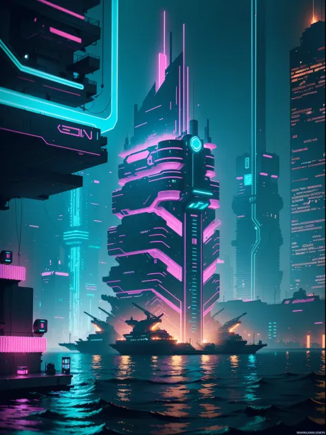 Cyberpunk Floating city, A neon city built on water, neon water effects, cyberpunk neon city on water 24K UHD display graphics, wide angle shot, neon glowing and shining effects, AI computer tower built on water, ocean, sea