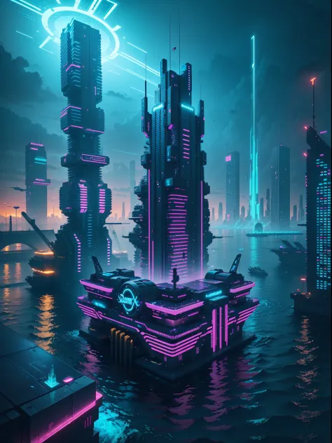 Cyberpunk Floating city, A neon city built on water, neon water effects, cyberpunk neon city on water 24K UHD display graphics, wide angle shot, neon glowing and shining effects, AI computer tower built on water, ocean, sea