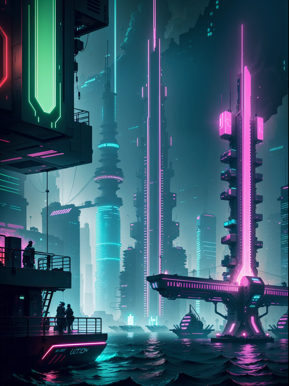 Cyberpunk Floating city, A neon city built on water, neon water effects, cyberpunk neon city on water 24K UHD display graphics, wide angle shot, red neon glowing and shining effects, green AI computer tower build on water, ocean, sea