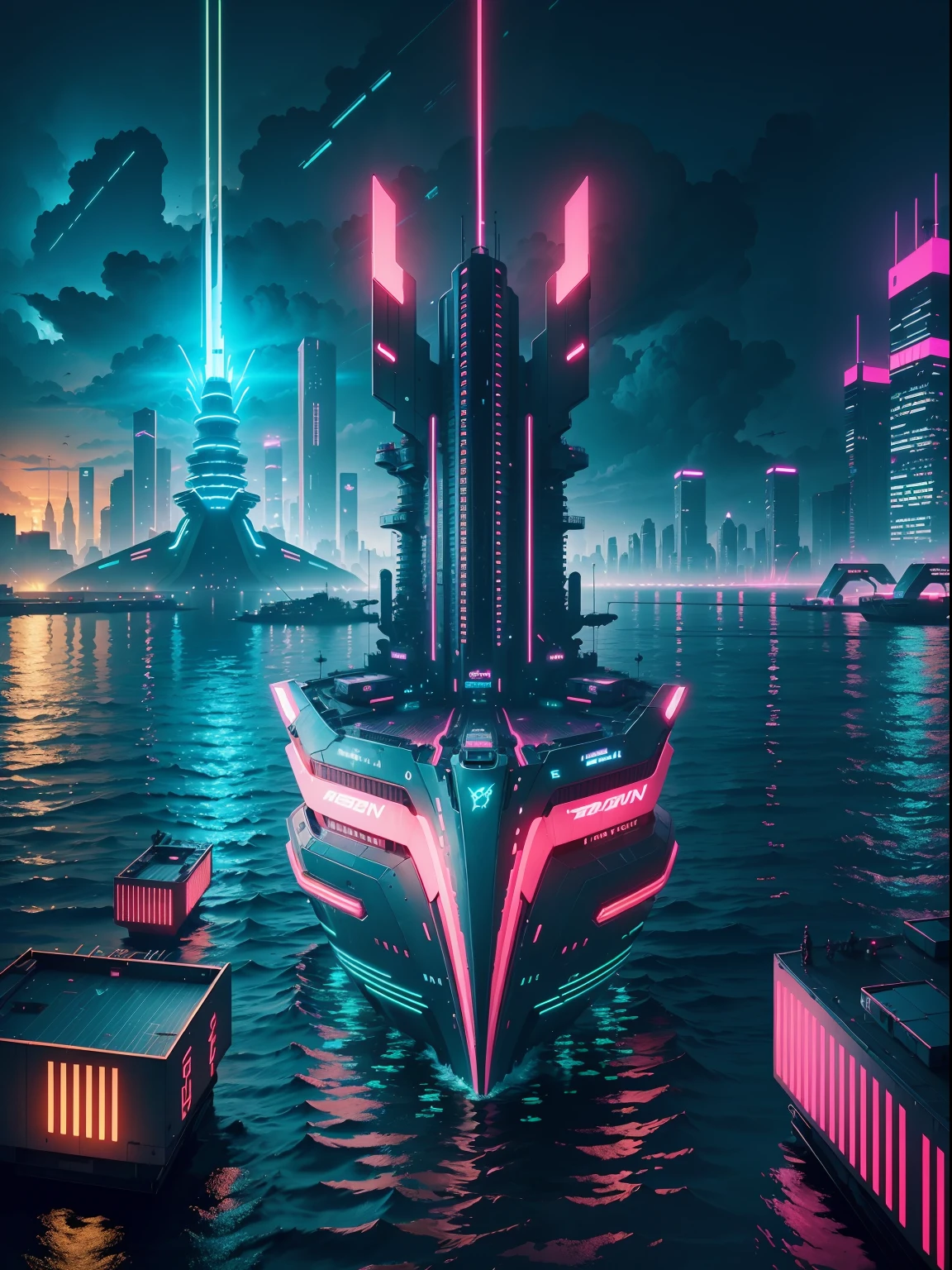 Cyberpunk Floating city, A neon city built on water, neon water effects, cyberpunk neon city on water 24K UHD display graphics, wide angle shot, red neon glowing and shining effects, green AI computer tower build on water, ocean, sea