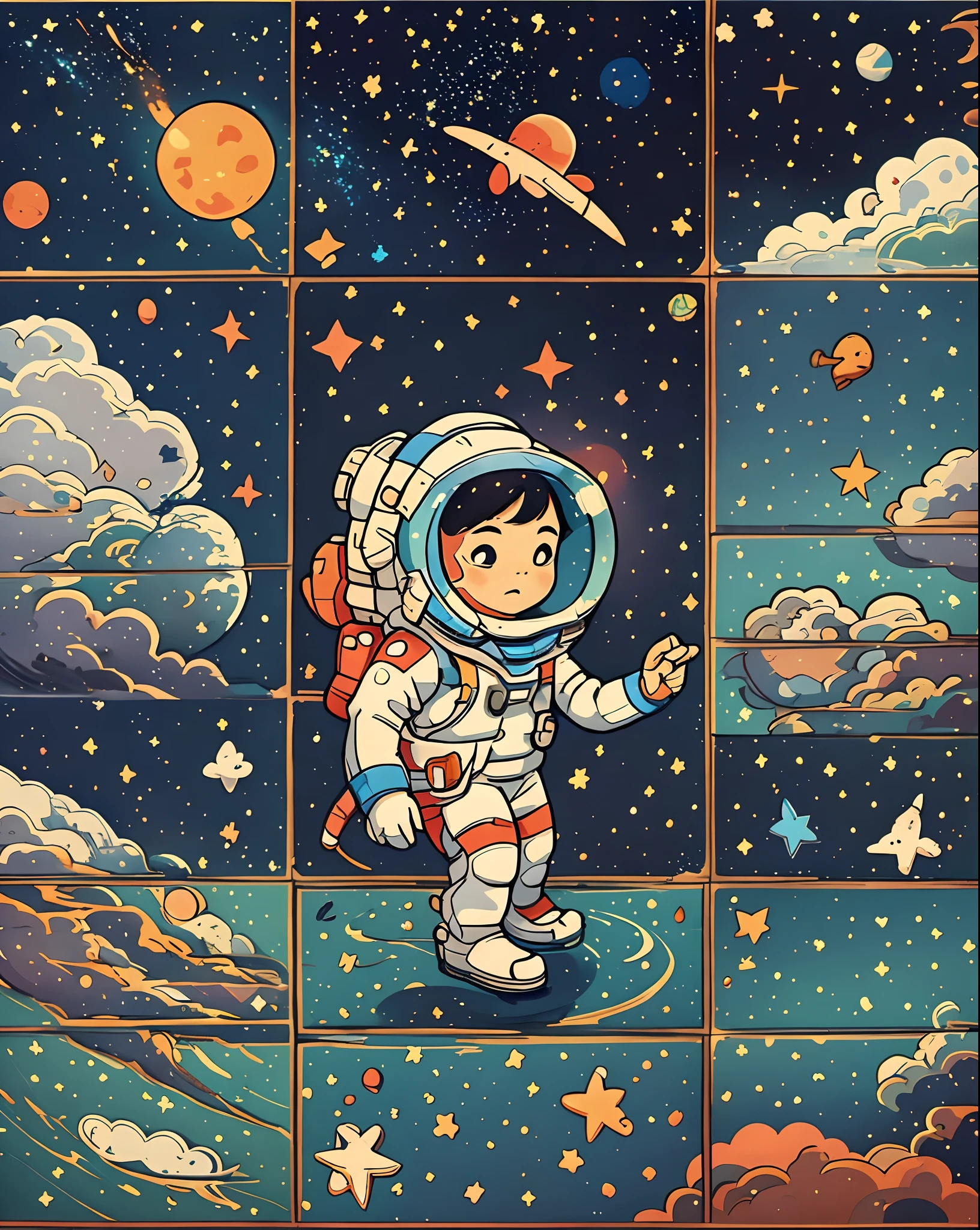 A heartwarming 卡通分裂 portraying the journey of a young astronaut from childhood dreams to reaching the stars, 每個圖塊描繪了不同的里程碑, 喚起懷舊感和野心, 卡通分裂, 數位藝術,