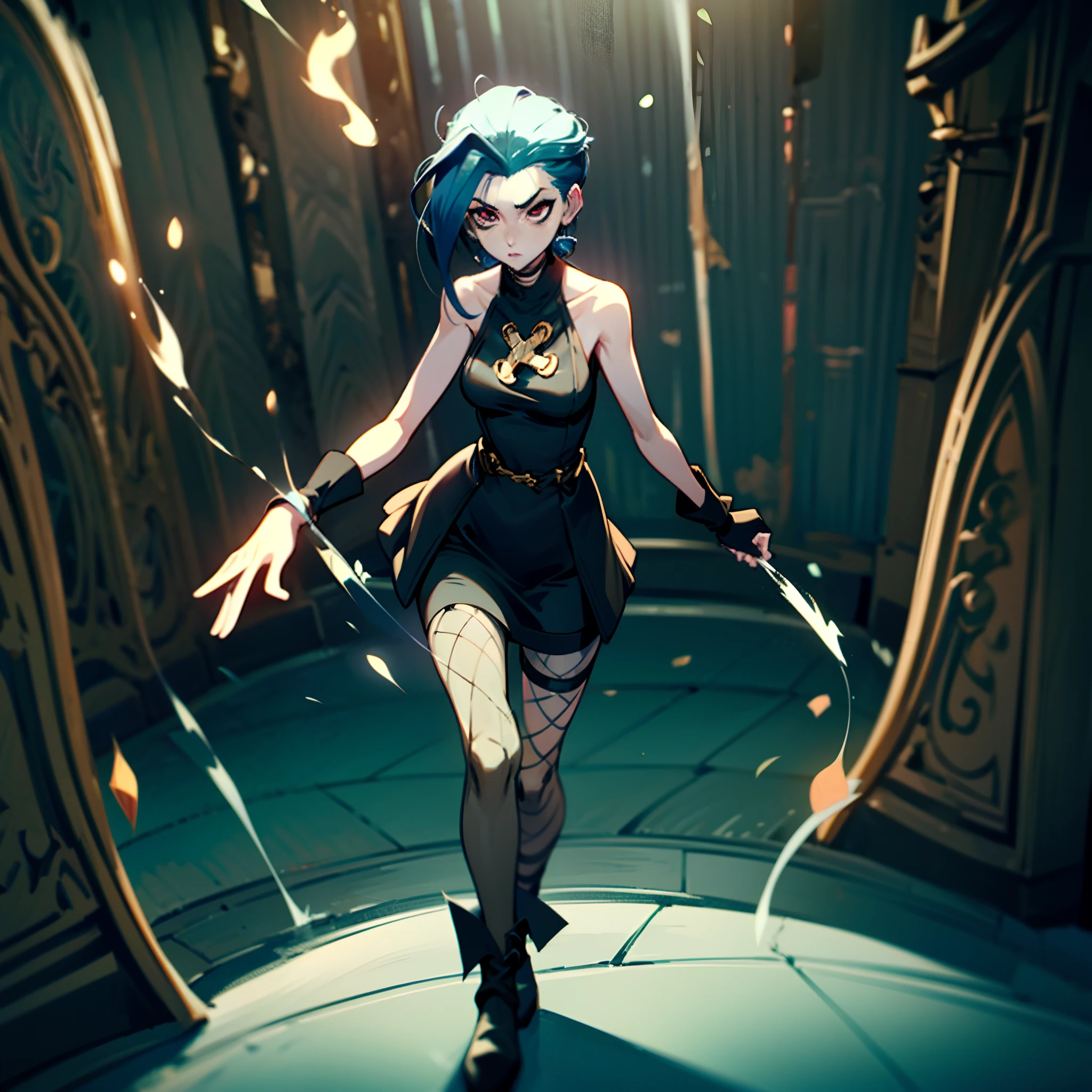 Full body of the character，The character has a large range of movement，The character is Jinx in League of Legends，blue hairs，On the streets of Zuan，Flame it up，Be red in the face，Have dark circles，guffaw，Solicit business for the brothel behind you，Dress up as a bunny girl inside the casino，Wearing black fishnet stockings，The picture quality is clear