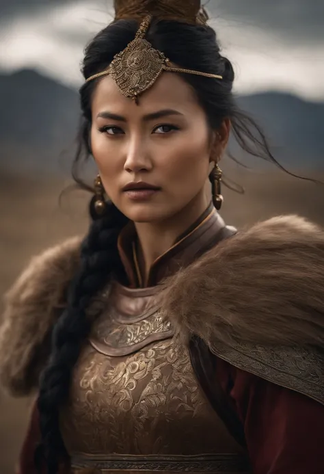 Hyper-realistic photograph of a Mongol girl engaged in a fierce battle ...