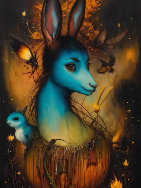 Pintura de un conejo sentado dentro de una calabaza con un cuervo en ella, Surrealismo pop lowbrow, Esao Andrews : : recargado, ...