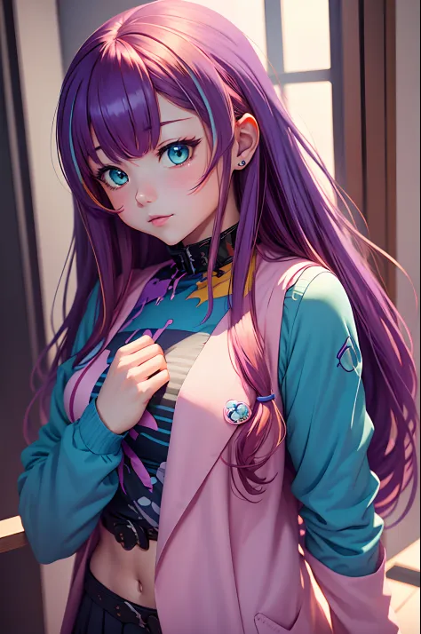 a girl with long hair and blue eyes is wearing a purple shirt, anime girl with teal hair, beautiful anime style, cute anime girl...