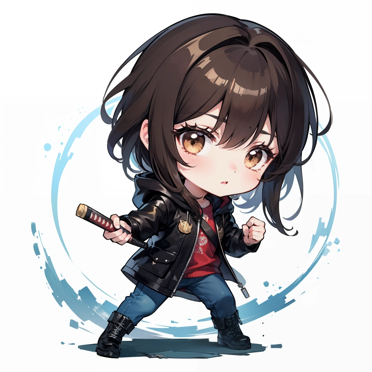 chibi, ((cuerpo completo)), 1 niña con un chubasquero de cuero negro con bolsillos de parche, Vistiendo jeans, con botas de cordones, cabello castaño muy largo y despeinado, con ojos marrones, con una katana en su mano izquierda, Postura de combate, estilo chibi, Fondo blanco